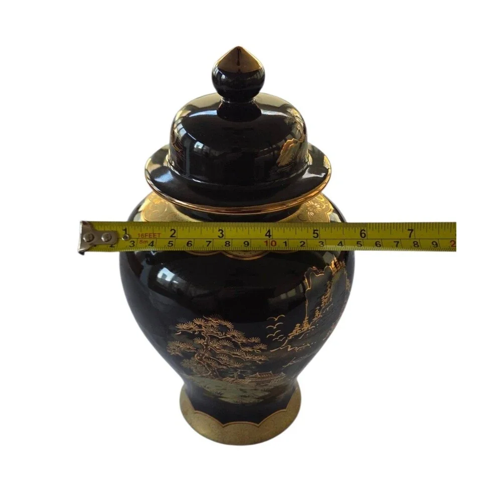 Vintage‎ Japanese Black Gold Ginger Jar Lidded Urn Scenic Landscape Decor